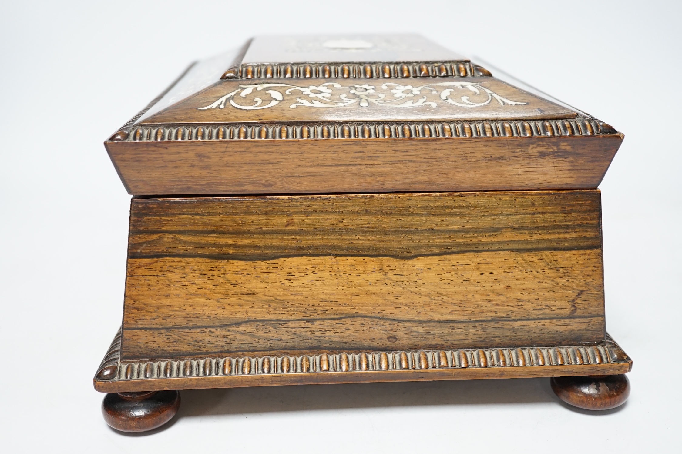 A William IV ivory inlaid rosewood work box, containing a fitted interior with lift out tray, 28.5cm wide, 22cm deep, 14.5cm high CITES Submission reference KBLFMJRS